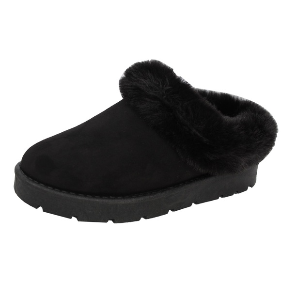 Black Faux Suede Fur Collar Slip On Mules - Picture 3 of 6